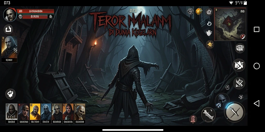 Gameplay D73 dengan suasana mencekam dan karakter menakutkan.