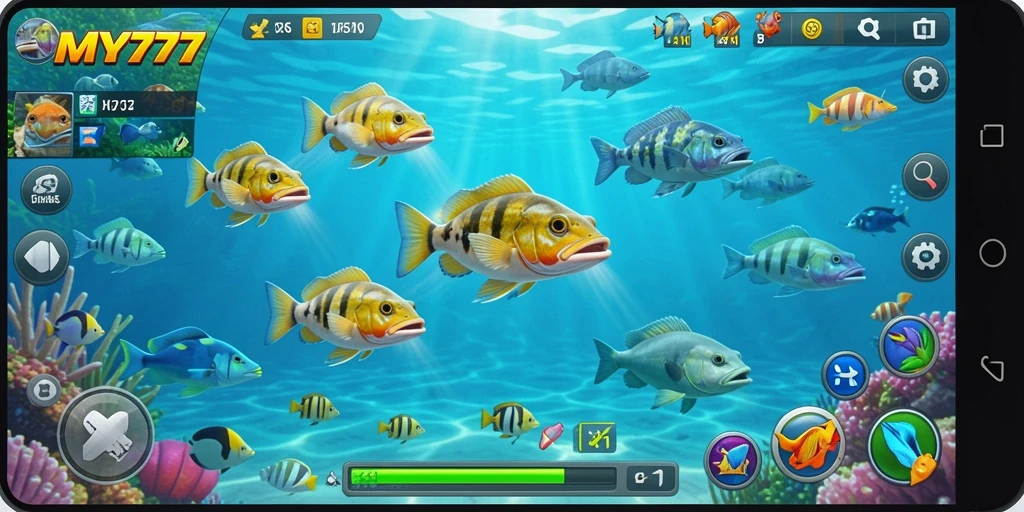 Tampilan gameplay MY777 yang mendebarkan dengan berbagai ikan untuk ditembak.